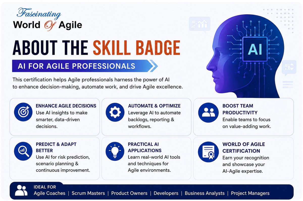 WORLDOFAGILE's tweet photo. 🚀 Ready To Become An AI-Powered Agile Professional?

🔗 Explore the batch &amp; register here: https://t.co/wIjXdTmqCL
AI for Agile Professionals – Skill Badge

#AI #Agile #Scrum #GenerativeAI #AIInAgile #ScrumMaster #ProductOwner #AgileCoach #BusinessAnalysis #ProjectManagement https://t.co/klt0fmPZlP