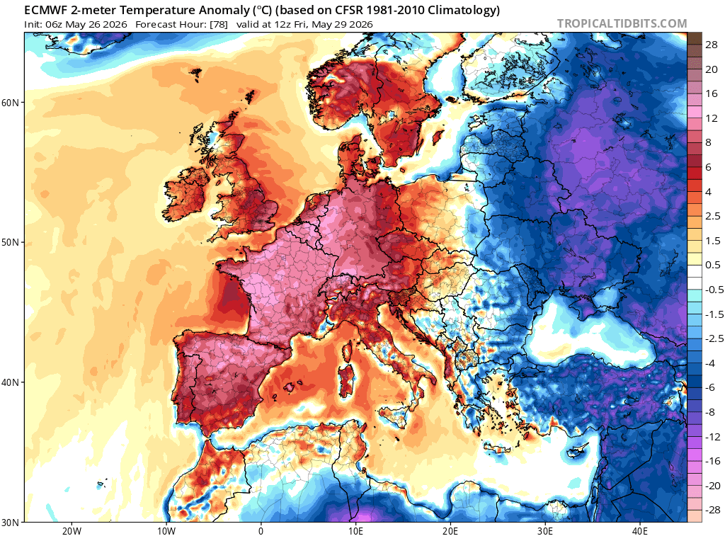 US_Stormwatch's tweet photo. After London reached an unprecedented 35°C (95°F) today, southern France could make a serious run at 40°C (104°F) in the next few days.  

We have never seen a heatwave this intense this early in the year across Western Europe. It's only late May. https://t.co/i3HeQkZyRh