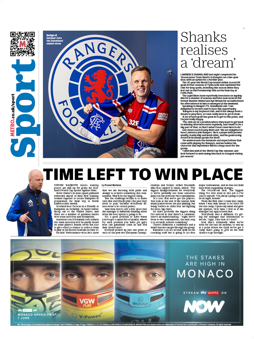 MetroScotland's tweet photo. Wednesday's back page

TIME LEFT TO WIN PLACE                

Plus, Shanks realises a 'dream'

#scotpapers #bbcpapers #skypapers https://t.co/SxgoWJCMo6