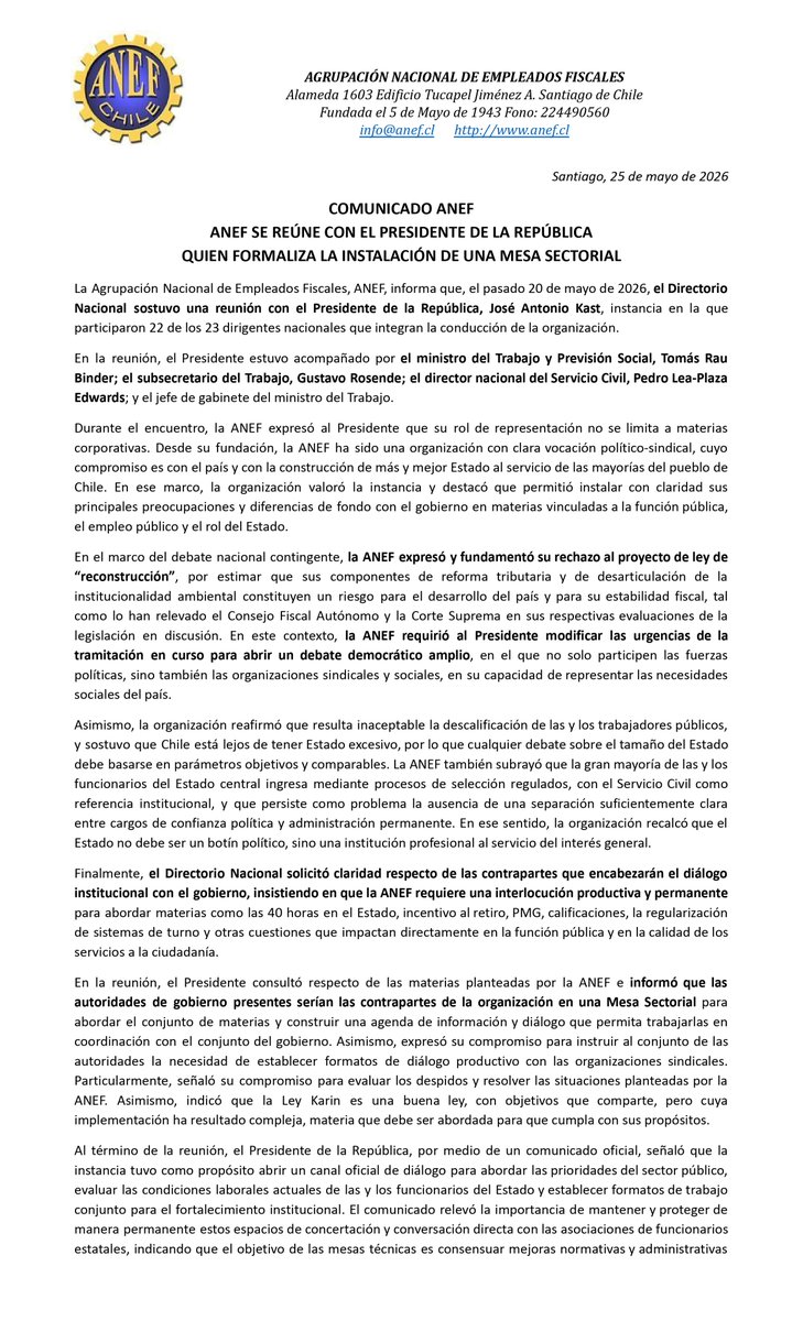 ANFUNTCH_CHILE's tweet photo. Compartimos comunicado de ANEF tras reunión con Presidente José Antonio Kast, donde se formalizó la instalación de Mesa Sectorial para abordar materias sobre la función pública y las condiciones laborales de l@s trabajadores del Estado.

#ANFUNTCH #ANEF #JAK #MesaSectorial https://t.co/czPpzim0I3