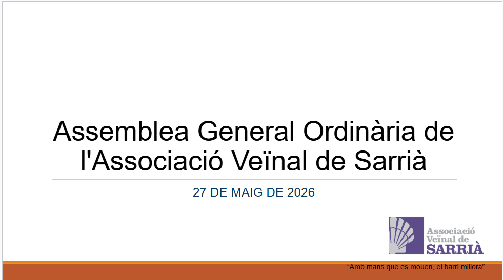 AVSarria's tweet photo. 📢Dimecres 27 de maig a les 19h us esperem a l'Assemblea General Ordinària de La Veïnal de Sarrià, a la seu de La Veïnal (Canet 4). Us explicarem tot el que hem fet al llarg de l'any i recollirem les vostres inquietuds. No hi falteu! https://t.co/mw1nxpmxLs