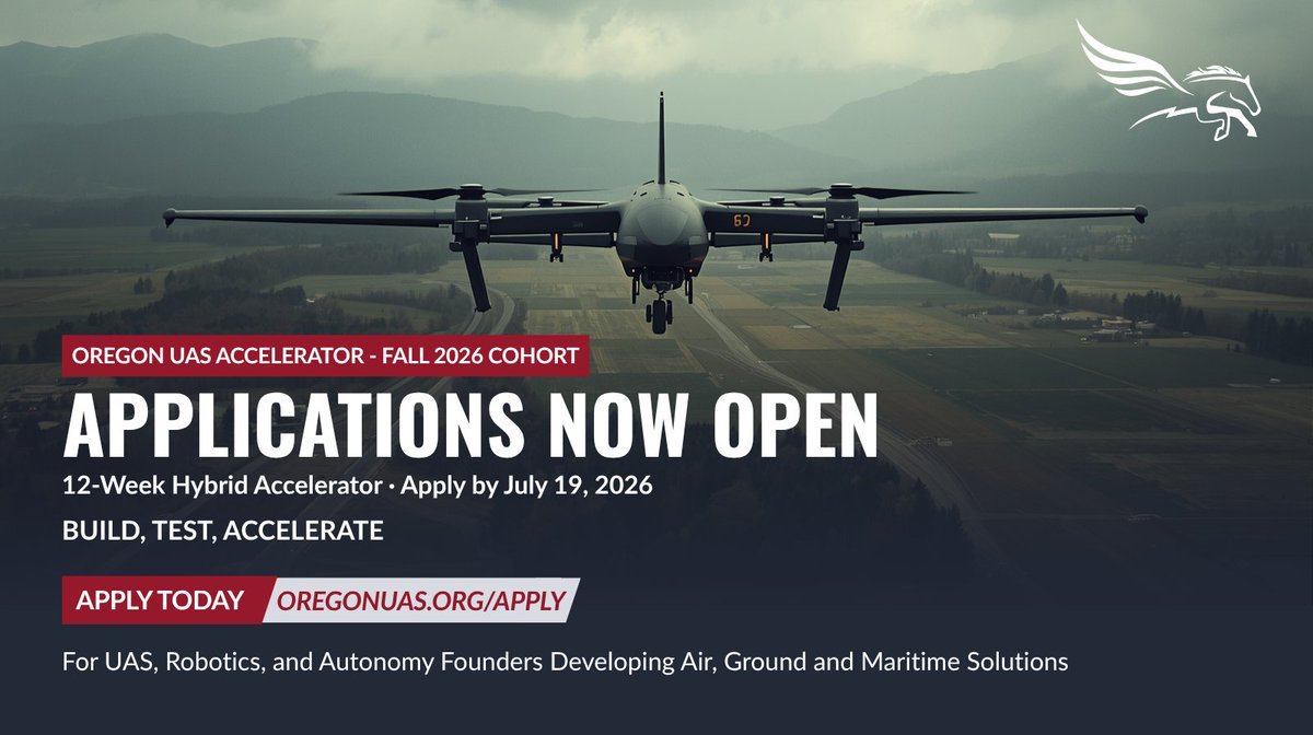OregonUAS's tweet photo. Applications are OPEN for the Oregon UAS Accelerator Fall 2026 Cohort. 

12 weeks. Hybrid. Founder support, testing pathways, and a $5K non-dilutive completion sub-grant.

Apply by July 19, 2026 👉 https://t.co/hy6tytC6YM

#UAS #Drones #Autonomy #Robotics #DefenseTech https://t.co/nPmwo1EkE5