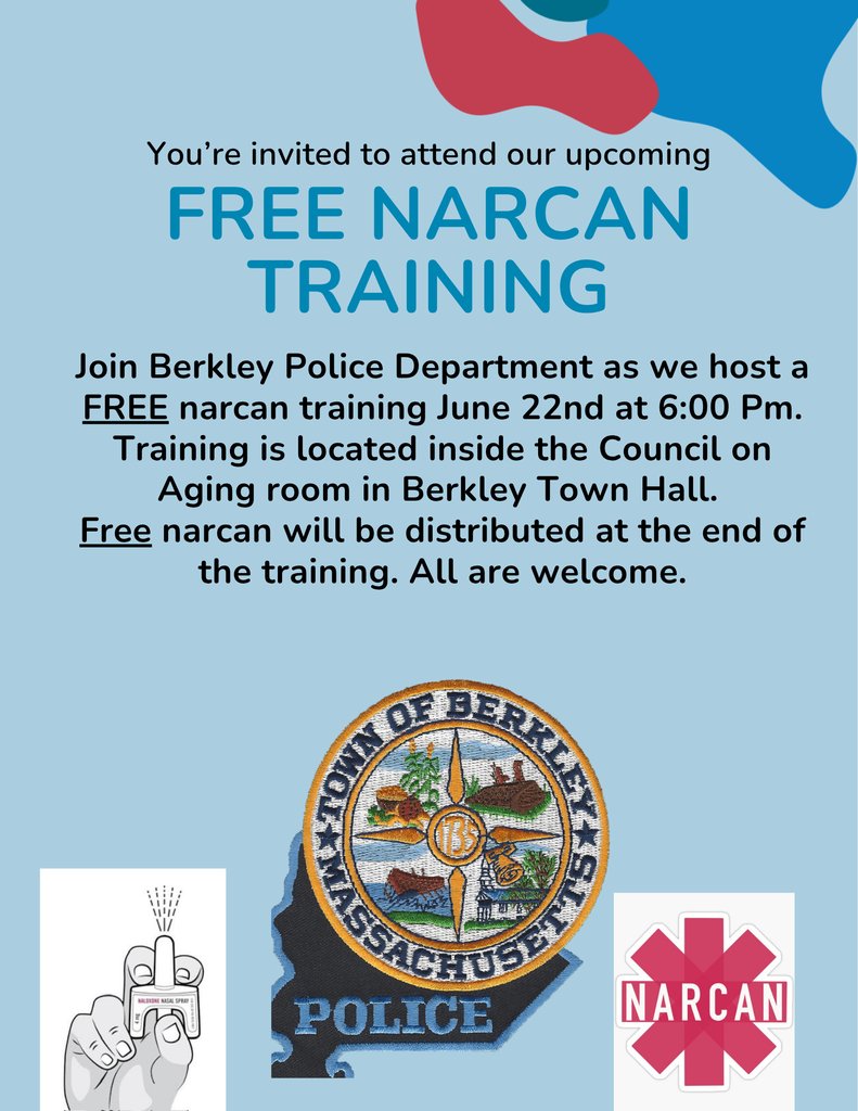 mryanbps's tweet photo. The Berkley Police Department will host a FREE Narcan Training. All are welcome. No sign-up needed. https://t.co/ybo324MtyK