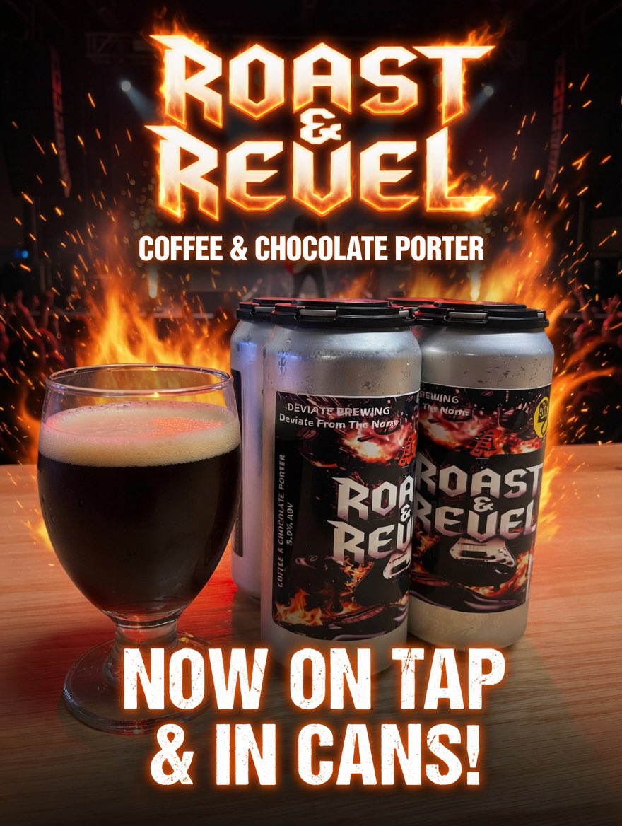 DeviateBrewing's tweet photo. Hey everyone, just tried the new Roast and Revel porter on tap and it’s fantastic. Rich coffee and chocolate notes, super smooth. Grab it in cans or on draft while it’s fresh! https://t.co/dw6BKbhdC3