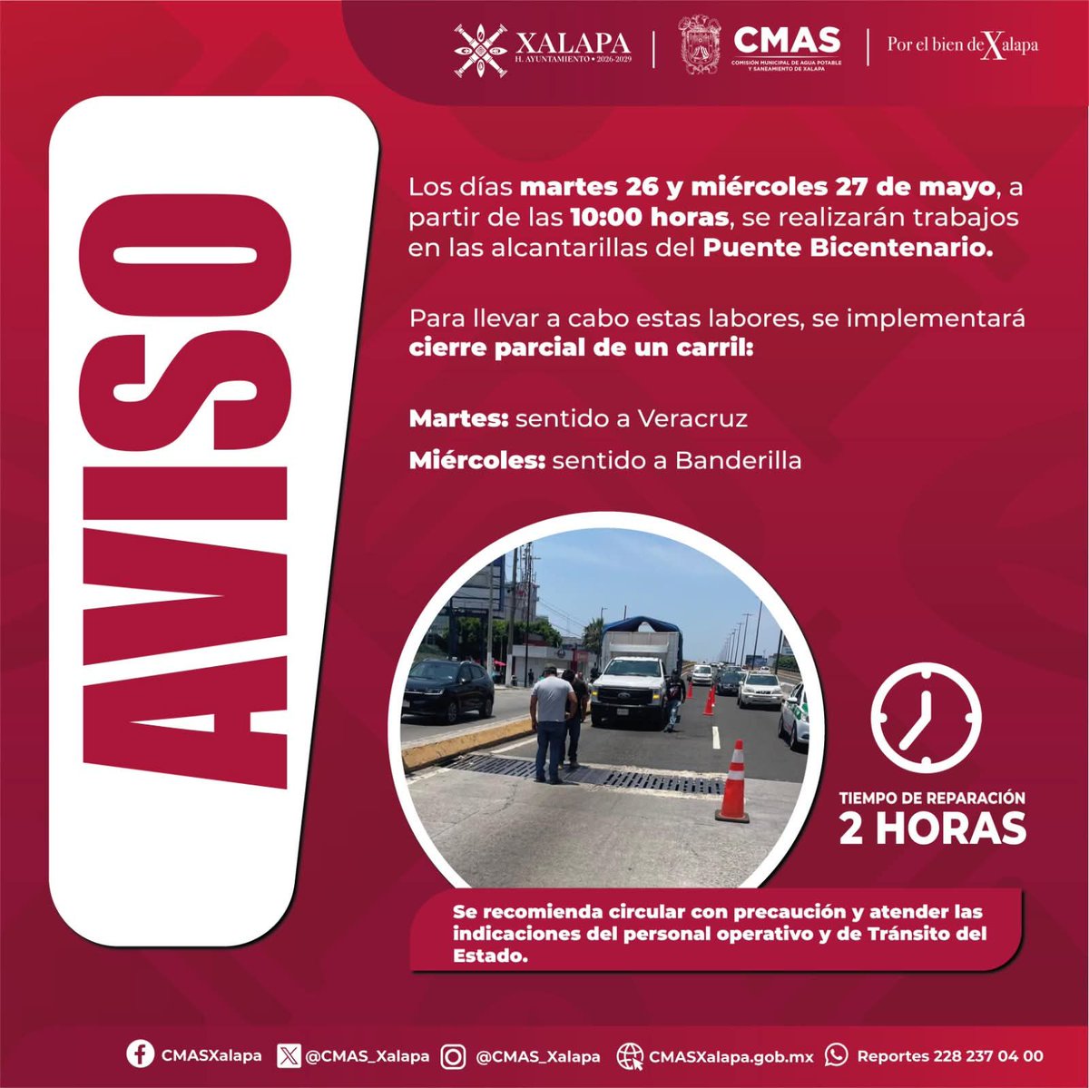 alcalorpolitico's tweet photo. #ElPoderDeLaVerdad 🚨| La @CMAS_Xalapa anunció que este martes y miércoles, a partir de las 10:00 horas, habrá trabajos de mantenimiento en alcantarillas del puente “Bicentenario”, por lo que habrá cierre parcial de un carril.
#ChécaloEnAlCalor 
https://t.co/xXeh1cVOfQ https://t.co/ilNliuxJEP