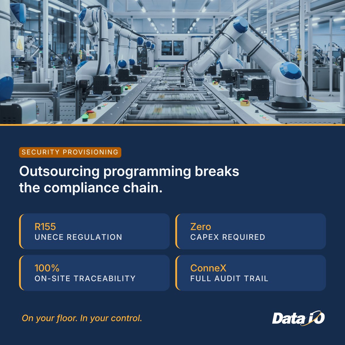 DataIO_Company's tweet photo. Outsourcing device programming creates a security problem for automotive and IoT manufacturers. Devices leave the facility. Traceability breaks. Keys and firmware leave the secure environment.

Programming-as-a-Service (PaaS) keeps programming on-site. Data I/O manages the equipment. Devices, keys, and audit trails never leave. https://t.co/20AT1P8A4B

#DAIO #SecurityProvisioning