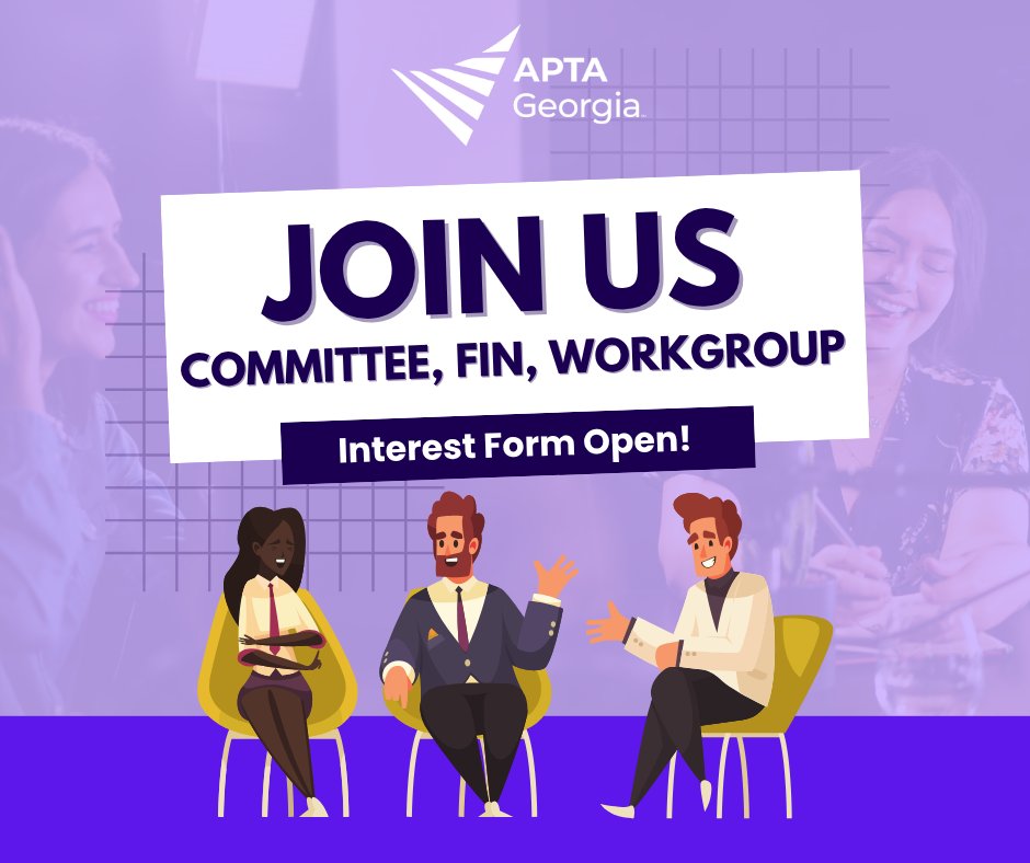 apta_ga's tweet photo. Ready to take the next step in your APTA Georgia journey?
Serving on a Committee, FIN, or Workgroup is a meaningful way to give back while growing professionally.
Don’t wait—submit your interest now:
https://t.co/ShyI4jCUlu
#APTAGA #VolunteerLeadership #MakeAnImpact https://t.co/zFjdMcxHW2