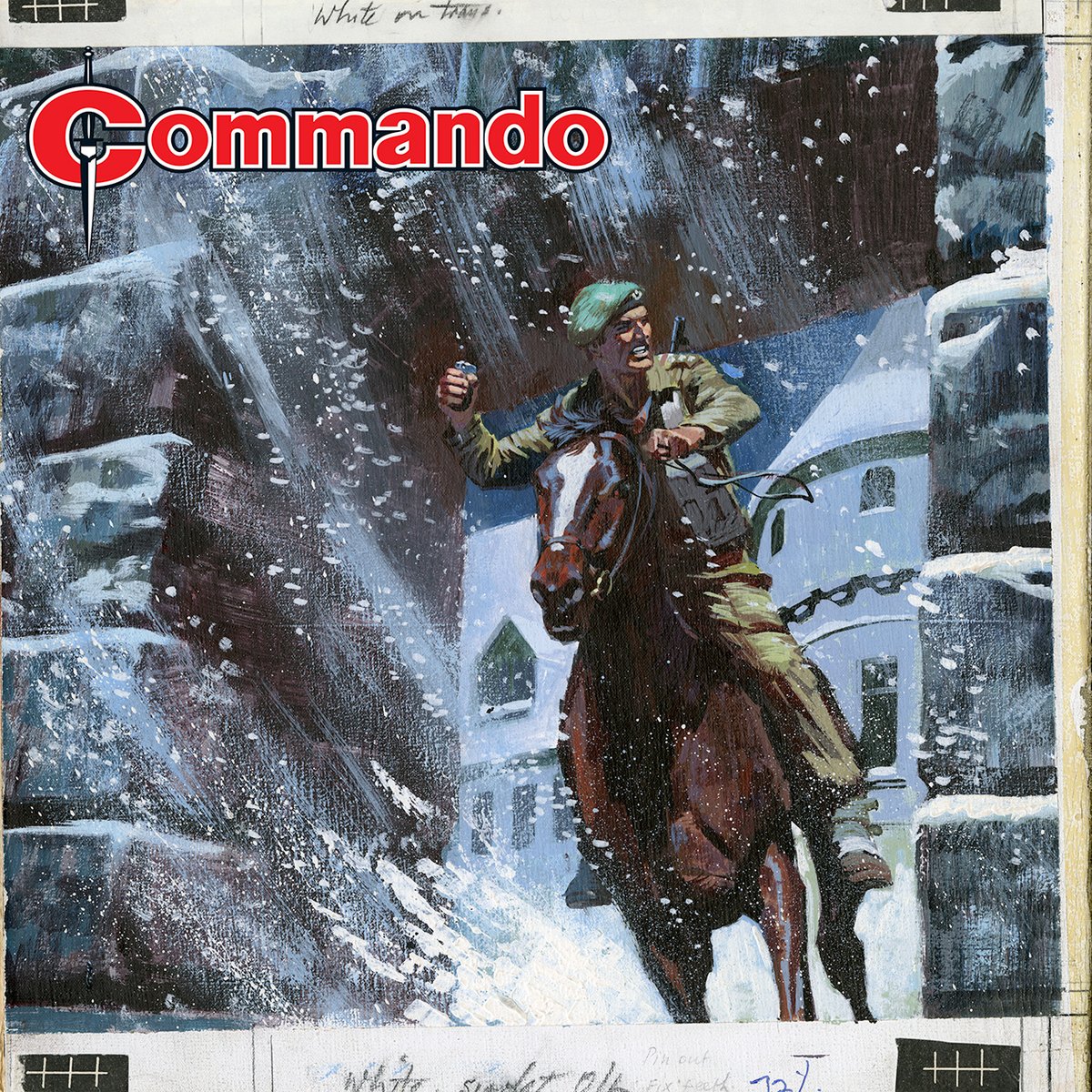 CommandoComic's tweet photo. How do you attack a Nazi Panzer supply base guarded by huge Tiger tanks? Do you use bombs? Or rockets? Perhaps artillery? 
Not if you’re Captain Brad Blake you don’t. You charge with your own roughneck, bareback cavalry!
Issue 5964, Hero on Horseback, coming soon. - QM https://t.co/PwUU2CBW9O