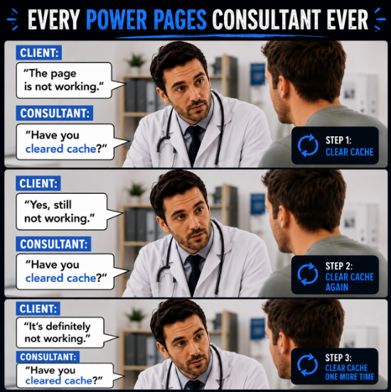 Engineered_Code's tweet photo. Every Power Pages consultant eventually becomes a cache-clearing specialist 😄

Client:
“The page still isn’t working.”

Consultant:
“Have you cleared cache?”

Client:
“Yes.”

Consultant:
“...but did you clear it again?”

If you know, you know 😂

#PowerPages #PowerPlatform #Dynamics365 #Microsoft #WebDevelopment