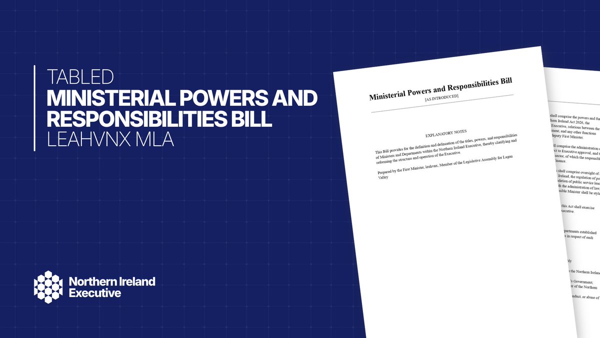 NIExecutiveRX's tweet photo. 📃 The Executive has introduced the Ministerial Powers and Responsibilities Bill, a Bill that will clearly define the ministries of the Northern Ireland Executive.

☑️ If passed, the Bill will establish a stronger foundation for the operation of government in Northern Ireland. https://t.co/5bLQBGXhAp