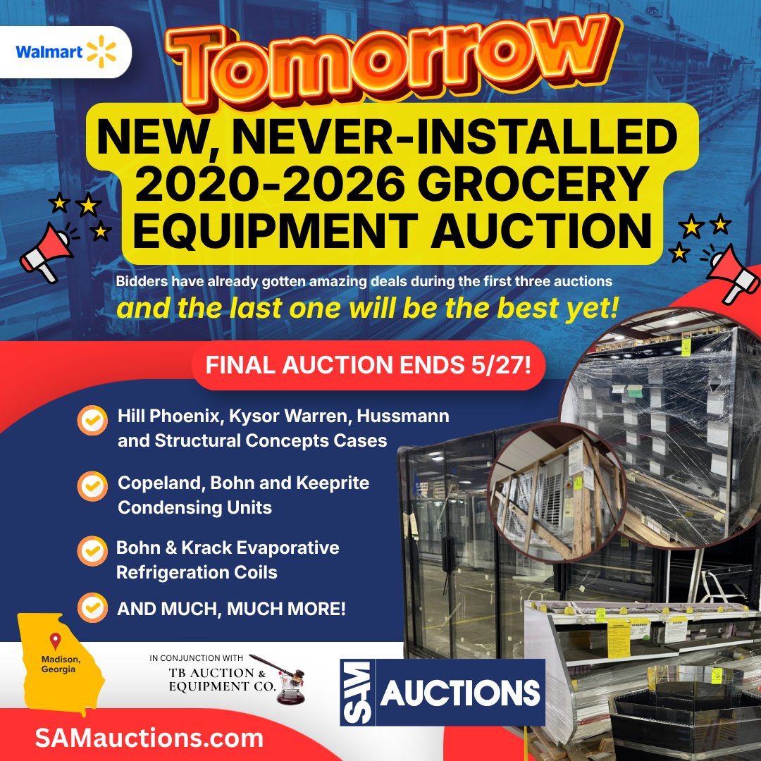 SAM_Auctions's tweet photo. TOMORROW: Walmart, New, Never-Installed Equipment Auction! 

Featuring: Hill Phoenix, Kysor Warren, Hussmann and Structural Concepts Cases AND MORE!

https//www.proxibid.com/SAM-Auctions/Walmart-New-Never-Installed-2020-26-Equip-Auction/event-catalog/296454 https://t.co/3zclXI8IGI