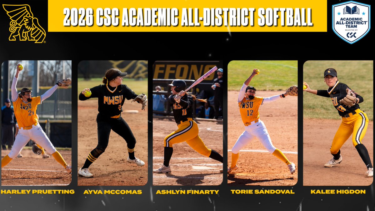 MWSUGriffons's tweet photo. Success on the field and in the classroom📚🥎

Five Griffon Softball student-athletes were named to the 2026 CSC Academic All-District® Team: Kalee Higdon, Harley Pruetting, Ashlyn Finarty, Ayva McComas, and Torie Sandoval.

📰- https://t.co/jzU2XYv4bO

#GriffUp🦅🦁 https://t.co/k8nAf4TD0X