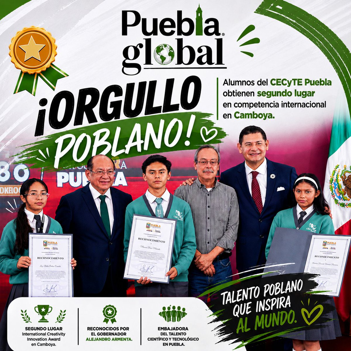 pueblaglobal_'s tweet photo. 🏆🌎 ¡Orgullo poblano!
Alumnos del @CECyTEPUE fueron reconocidos por el gobernador @armentapuebla_ tras obtener el segundo lugar en el International Creativity Innovation Award en Camboya. 🇰🇭👏
#Puebla #CECyTE #OrgulloPoblano https://t.co/8PnfbQDeIO