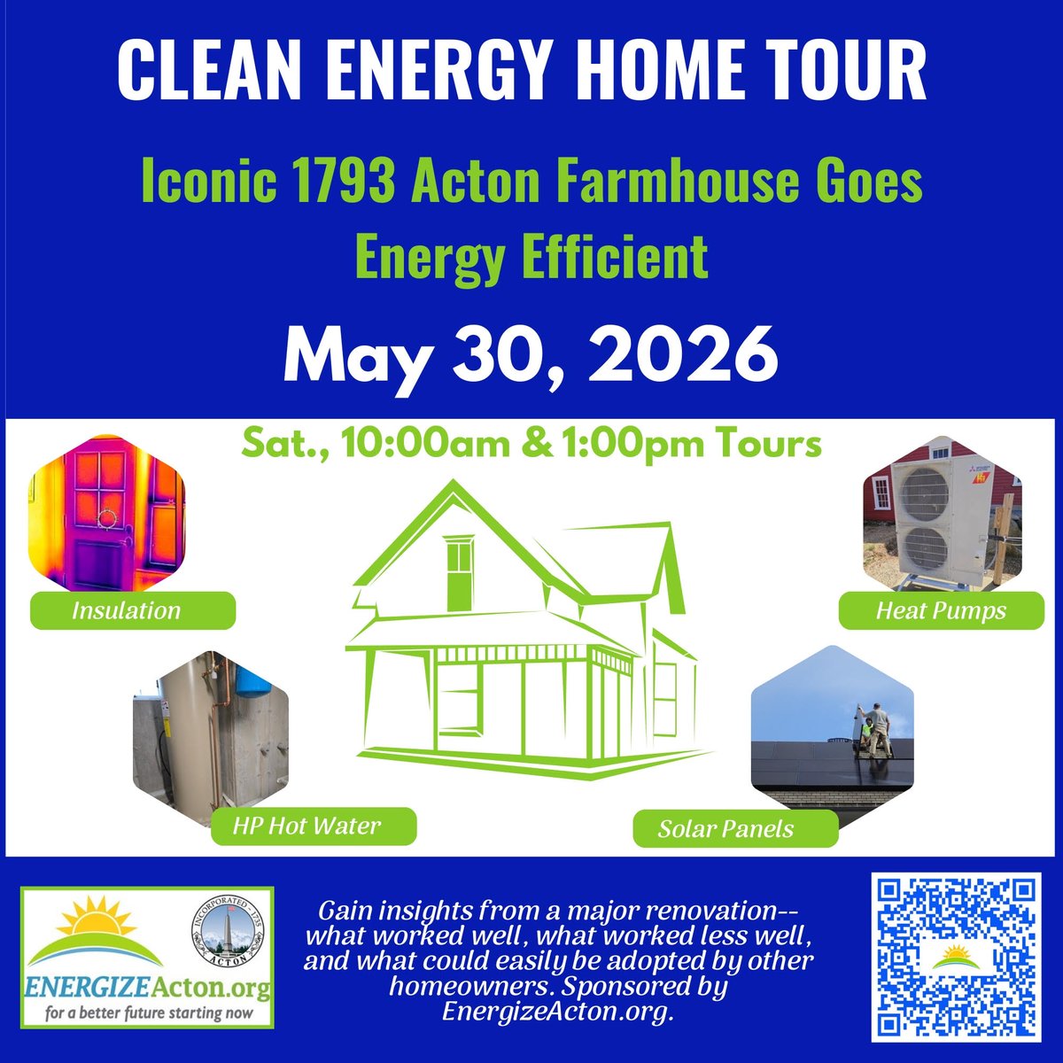 ActGreenMA's tweet photo. Acton MA Spring Clean Energy🌱🏡🌞Home Tours
Sat, May 30, 10am + 1pm.
Hosted by #EnergizeActon
See how owners of an iconic Acton property made energy updates to their historic home. Solar, heat pumps, insulation+
Info & RSVP for address at https://t.co/NhptA2aOTQ
#ActonMA https://t.co/EpguwAESpZ