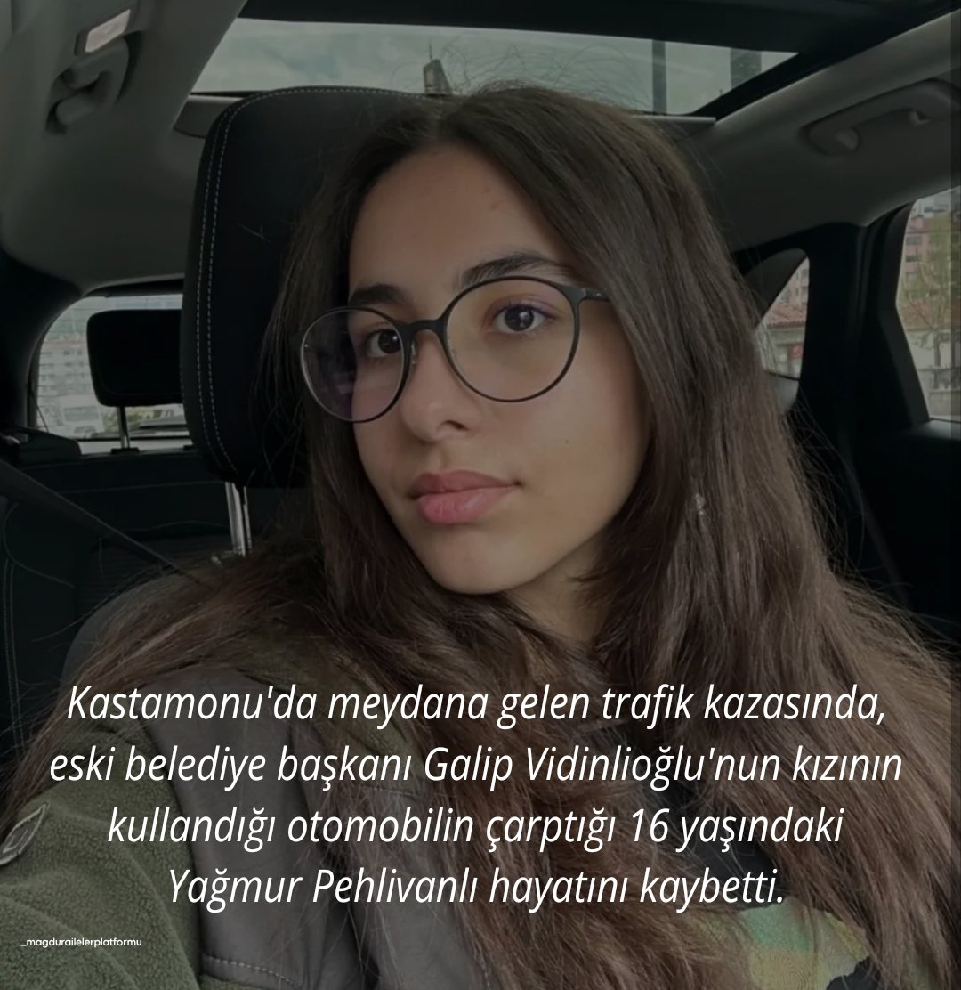 magduraileler_'s tweet photo. 16 yaşında bir hayat bir kaldırımın ötesine geçemeden sustu. Lise öğrencisi Yağmur Pehlivanlı, Kastamonu’da karşıdan karşıya geçmek isterken hızla gelen bir otomobilin çarpması sonucu hayatını kaybetti. Sürücü ifadesini verdikten sonra serbest bırakıldı. 1 günde hazırlanan bilirkişi raporuna göre Yağmur %100 kusurlu bulundu. Ailesi, olay yerinde delillerin yeterince korunmadığını ve incelemelerde eksiklikler olduğunu savunarak adalet mücadelesi veriyor. Avukatlar, olay yerinde keşif yapılmaması, eksik kroki ve Adli Tıp raporlarıyla video kayıtları arasındaki çelişkilerin yeniden değerlendirilmesini talep ettiklerini belirtiyor. Aile, olayın tüm yönleriyle incelenmesini ve adaletin sağlanmasını istiyor.
Yağmur Pehlivanlı için adalet istiyoruz! Adalet gecikmesin.

#trafikterörü #YağmurPehlivanlı #adaleti̇stiyoruz