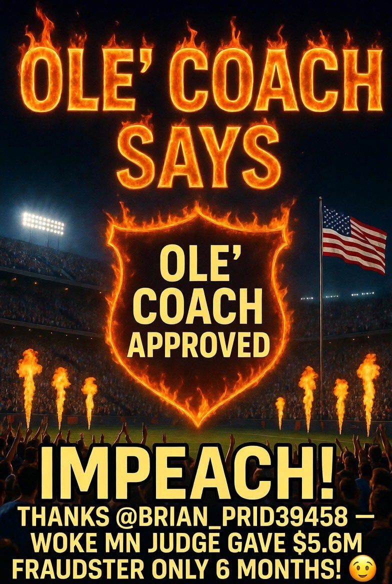 COACHnFINGER's tweet photo. 🚨 COACH NATION ALERT 🚨

“Impeach!”

Thanks to @brian_prid39458 for th’ direct call.

Coach Nation stands with Leo Terrell — impeach this woke Minnesota Judge Nancy Brasel NOW for givin’ a $5.6M Somali fraudster only 6 months!

Drop a 🔥🇺🇸 if you say IMPEACH!

#CoachNation #ImpeachWokeJudges