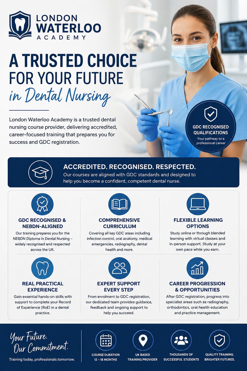 WaterlooAcademy's tweet photo. Trusted Dental Nursing Course Provider
https://t.co/N3FQdLwrac

#DentalNursing #DentalNurseUK #DentalCareers #NEBDN #londonwaterlooacademy https://t.co/dZRIHVhtfn