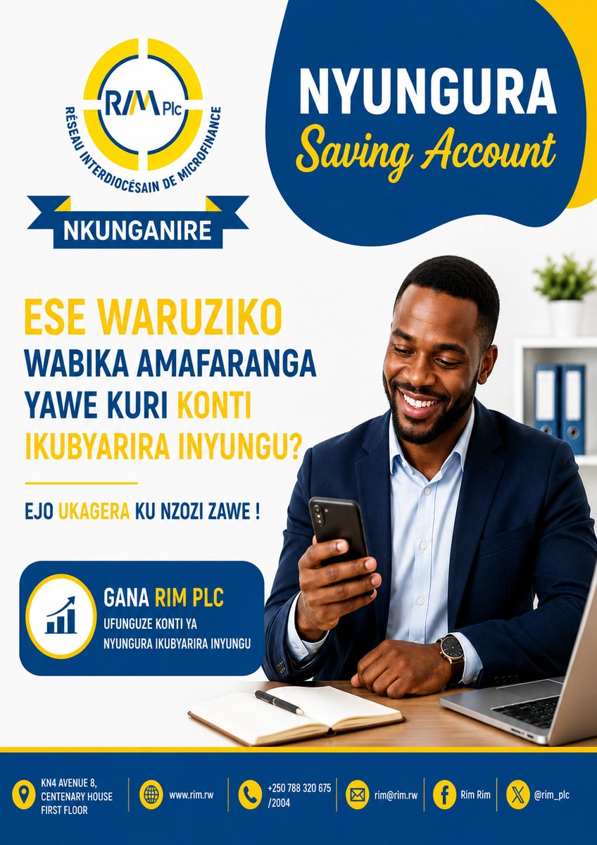 rim_plc's tweet photo. Amafaranga yawe akwiriye kukubyarira inyungu kugira ngo ejo hazaza hawe nah'abawe hazabe hazira guhangayika.
Fungura NYUNGURA Saving Account uyu munsi, ube witeganyirije mu buryo bw'intangarugero burimo inyungu ishimishije n'umutekano usesuye
#RIMPLC #GANARIMPLC #NYUNGURAACCOUNT https://t.co/zwC8A3feax
