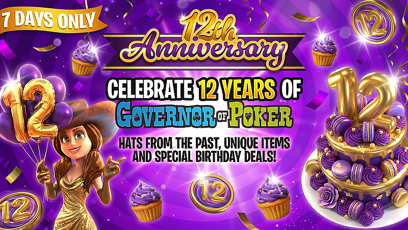 GoP_3's tweet photo. 🎉 Governor of Poker turns 12!🎉

⚡ 3 New Birthday Chests 
🎩 Unlock Legacy Hats in the Team Challenge
🎲 Anniversary Chuck-A-Luck
🎡 12th Anniversary Spin featuring a HUGE 1.7 TRILLION CHIPS jackpot!
🎁 Daily Anniversary Giveaways on FB &amp; IG

Let's celebrate!🥳

#DM0223 https://t.co/bZwrb6aqRc