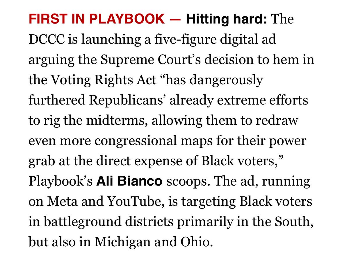 _alibianco's tweet photo. Scoop in @playbookdc: DCCC is leaning in to messaging the Supreme Court’s VRA decision — and not just in the South. https://t.co/qsnagTXpsa