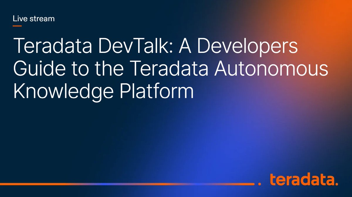 Teradata's tweet photo. 👋 Devs: join @Teradata DevTalk tomorrow! Explore the Autonomous Knowledge Platform for AI workflows.

⏰ May 27, 8:30am PT

Bring your Qs 👇
https://t.co/m6aA9OFety https://t.co/OU7UdcPGYO