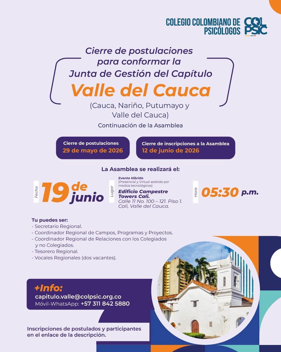COLPSIC_VALLE's tweet photo. Es tu oportunidad de dar un paso al frente y ser parte del futuro para la Psicología en tu región.

Tu voz y tu experiencia pueden marcar la diferencia. Súmate, participa y construyamos juntos este camino.

Información general y requisitos de postulación: https://t.co/TuYlYJuE2e https://t.co/X7hYna5oog