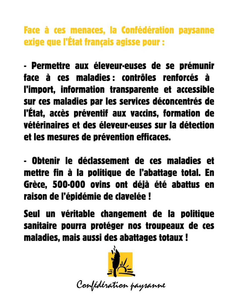 ConfPaysanne's tweet photo. Sanitaire : l’État français doit protéger les élevages face aux nouvelles menaces.

🔴 Seul un véritable changement de la politique sanitaire pourra protéger nos troupeaux de ces maladies, mais aussi des abattages totaux !

Notre communiqué de presse ➡️ https://t.co/aQel7PT5FG https://t.co/3xwPwWMKTD