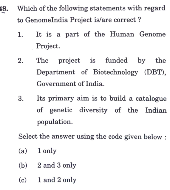 neetinsolanki's tweet photo. Q48: 🧬 GenomeIndia is a domestic DBT project to map Indian genetic diversity, which is separate from the historic international Human Genome Project. (Ans: b) #ScienceAndTech #UPSC2026 https://t.co/Lu0ppyVLrS