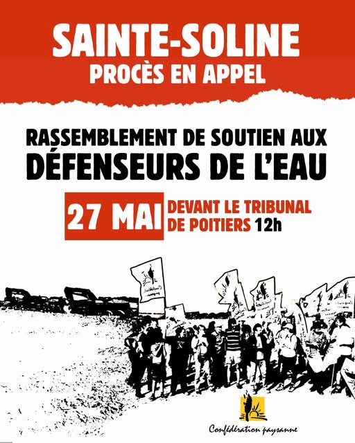 ConfPaysanne's tweet photo. 🚨📢#Megabassines : rendez-vous demain devant la cour d'appel de Poitiers pour soutenir nos quatre camarades poursuivis pour l’organisation de la manifestation de Sainte-Soline. ✊
Le programme de la journée 👇 https://t.co/YjYOlYfTt0