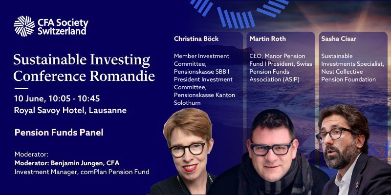 cfa_ch's tweet photo. Join us at the Sustainable Investing Conference Romandie 2026 in Lausanne on 10 June. Don’t miss the Pension Funds Panel, moderated by Benjamin Jungen, CFA, with Christina Böck, Martin Roth, and Sasha Cisar. Register: https://t.co/6hnHu7H1rF #SustainableInvesting #PensionFunds https://t.co/6GuBUZ1BNV