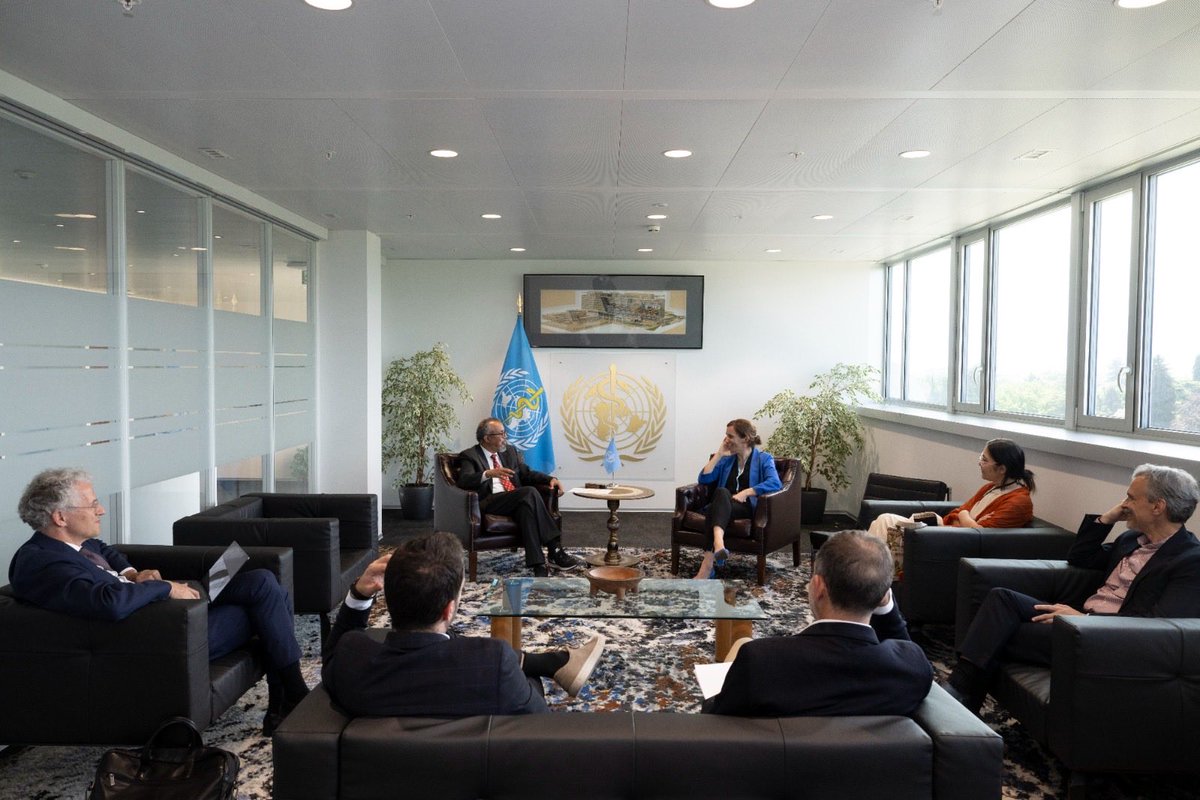 DrTedros's tweet photo. Muchas gracias, Health Minister @Monica_Garcia_G, for joining us at the #WHA79 and the @WHO Executive Board yesterday. I'm grateful for the opportunity to exchange updates on the #hantavirus response and monitoring of the passengers and crew. The situation is stable for now. Thank you for your offer to support WHO's work in the DRC in response to the latest #Ebola outbreak. Together!