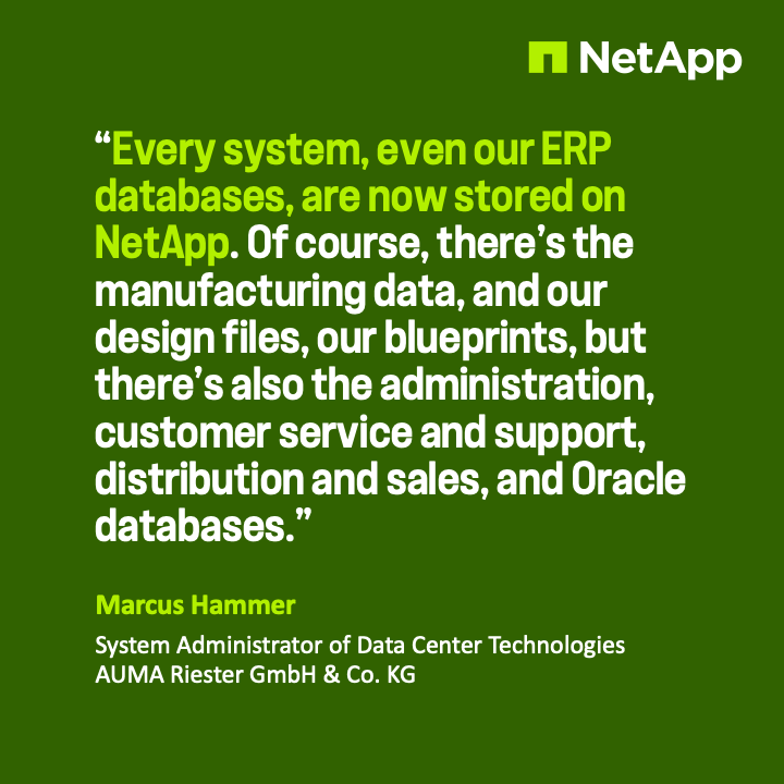 NetApp's tweet photo. AUMA Riester GmbH &amp; Co. KG helps critical infrastructure manufacturing work smarter with virtual storage and secure archiving, so engineers can focus on flow-control solutions for water, energy, oil, and chemicals. 

Learn more: https://t.co/6FKe71rPGe https://t.co/Qo0ruL6grh