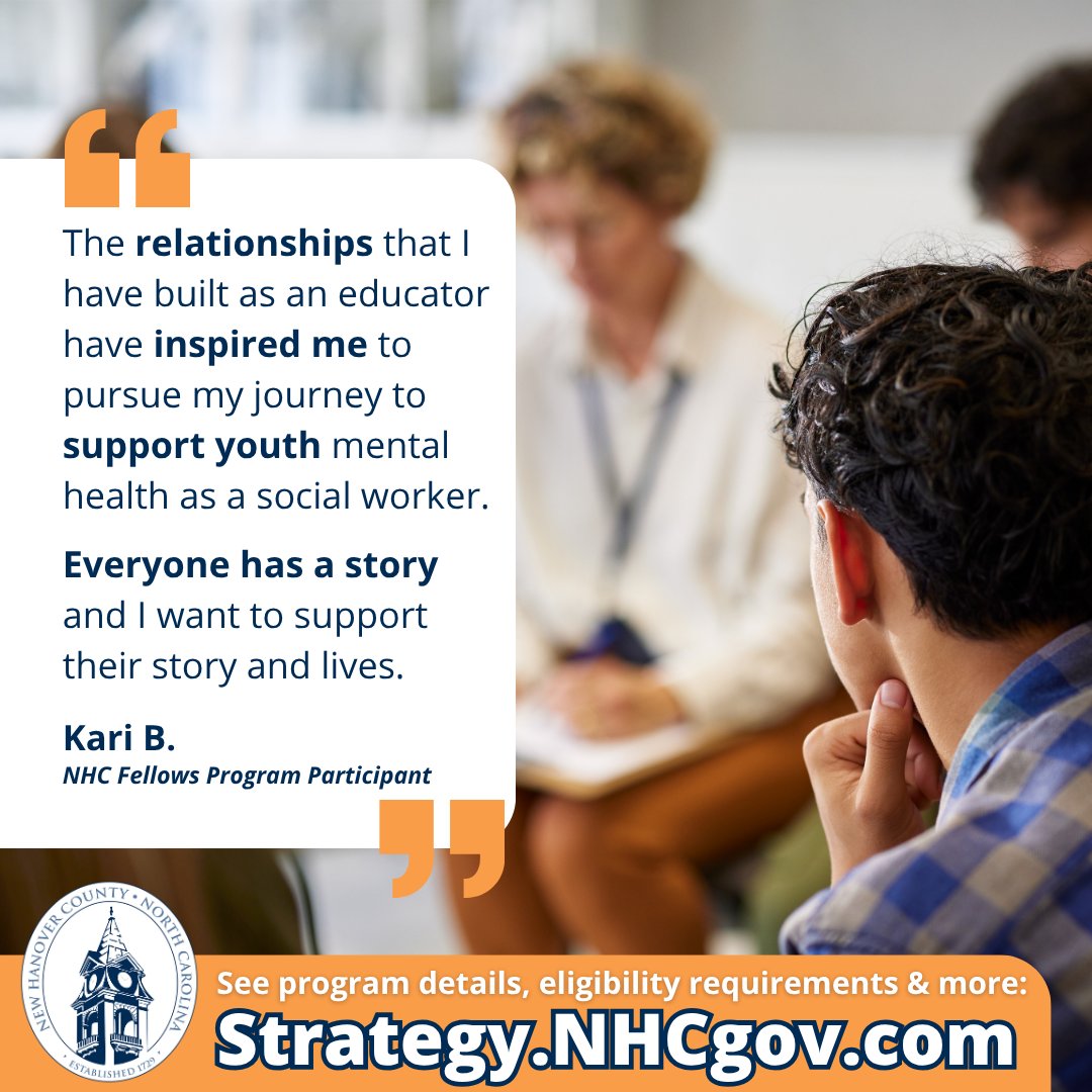 NewHanoverCo's tweet photo. The #NHCgov Fellows Program supports students pursuing careers in the mental health care field but also supports our community by creating a pipeline of qualified providers to address our residents' needs. Applications are open through June 30. Learn more: https://t.co/j4KHCl4zxC https://t.co/ZtXJWdG1wZ