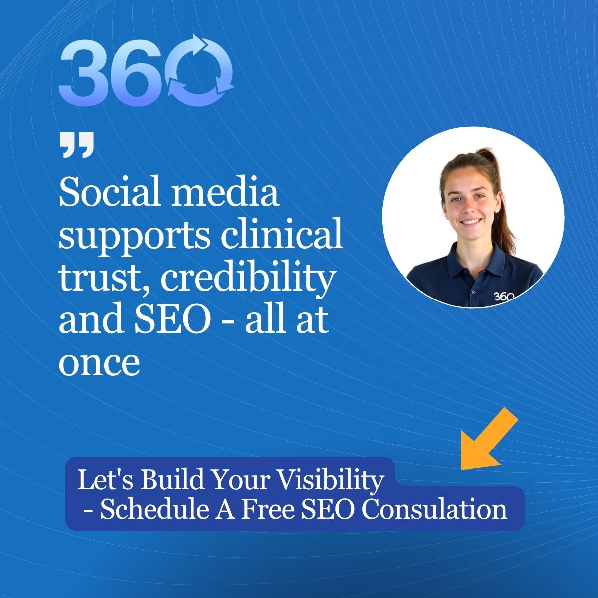 ThreeSixtyBiz's tweet photo. Your social media should:
• Reinforce clinical professionalism
• Humanize your physicians 
• Educate patients 
• Support SEO 

We manage regenerative clinic social media in a way that complements SEO efforts, keeps branding consistent, and reassures patients. https://t.co/W9qR0QdTrW