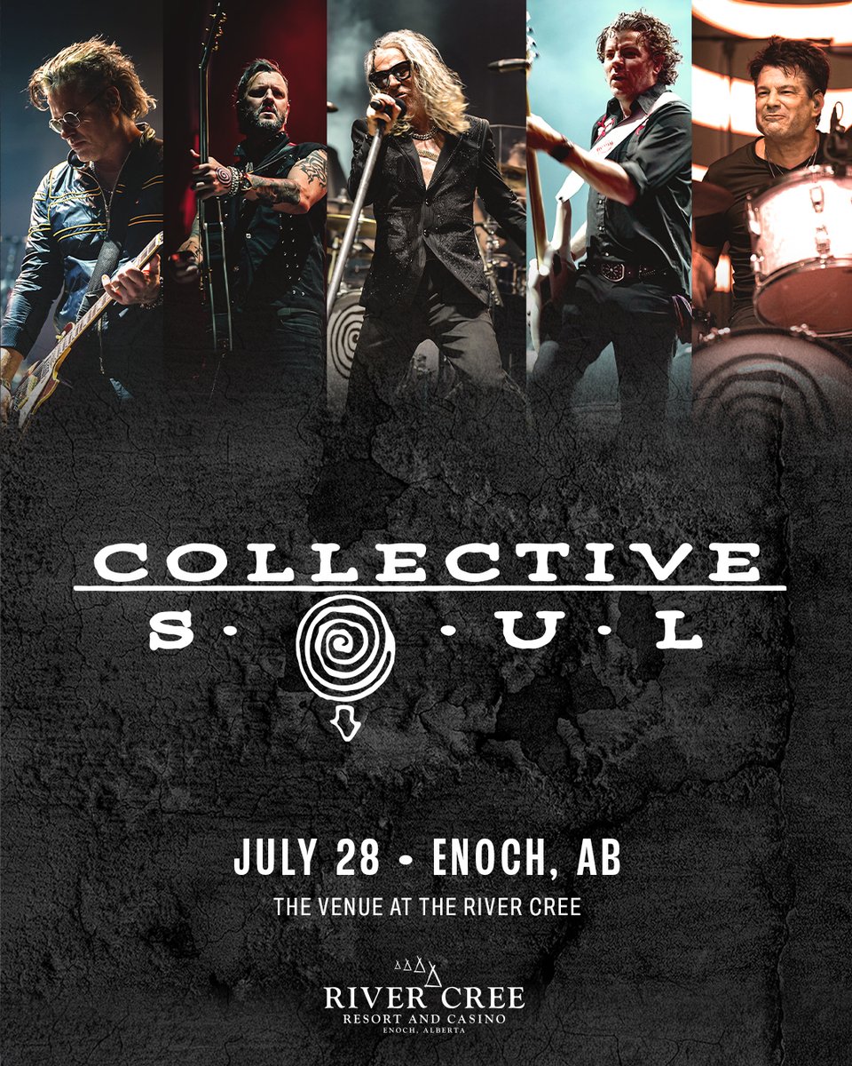 RiverCreeCasino's tweet photo. 🎸Event Announcement 🌀 

Get ready for an unforgettable night— with Nonstop energy!!

Collective Soul is taking over The Venue Stage at River Cree Resort and Casino on July 28, 2026!  With over 30 years of iconic hits like “Shine,” “December,” “The World I Know,” and “Heavy,” these legends deliver a stadium-worthy show every time!!

Timeless rock anthems that you’ll sing along and rock out to all night!! 

Tickets start at $79.99 plus GST & FEES.
👉 PRESALE: Thursday, May 28th at 10 AM –Use Code: WORLD
🎟️: https://t.co/Akrf1nL7bC

General on Sale Friday, May 29. 

18+