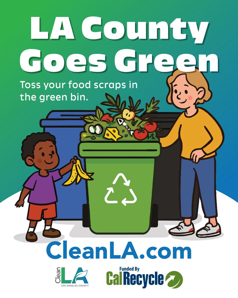CleanLA's tweet photo. Food waste is a problem in LA County, but also easy to fix.
Tossing your food scraps in the green bin, along with yard trimmings, is a simple way to keep food out of landfills, where it can create harmful greenhouse gases.
For more tips, visit https://t.co/Ik2KZUTtxR. https://t.co/ZQndOWU2AU