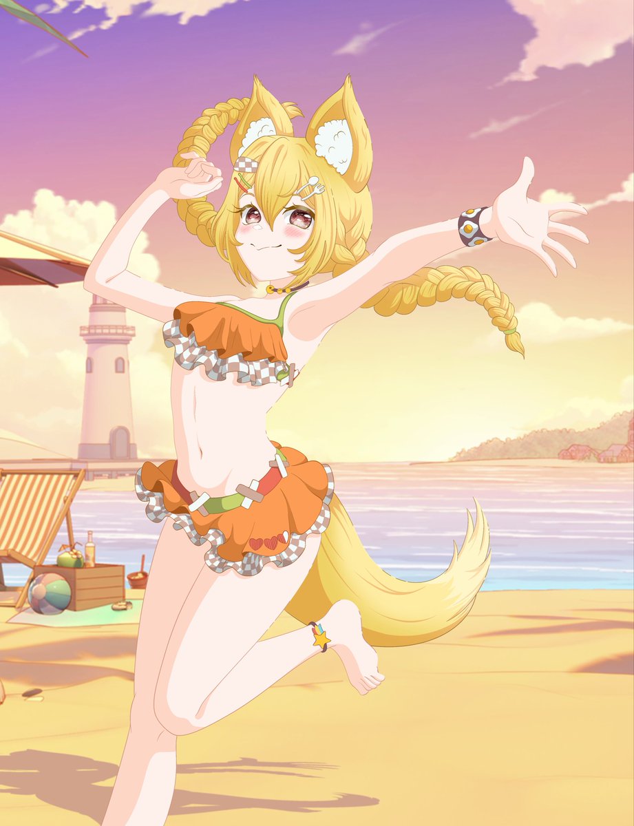 Grimlin_VT's tweet photo. First reveal: @/kinkokitsupan 

Inspired by her signature outfit, Kinko’s swimsuit redesign features layered frills that add shape and movement to her petite frame. Kinko is the epitome of cute! 

Character art: @/Grimlin_VT 
Background art: @/Dream_Art_0 https://t.co/J85gwwJpkW