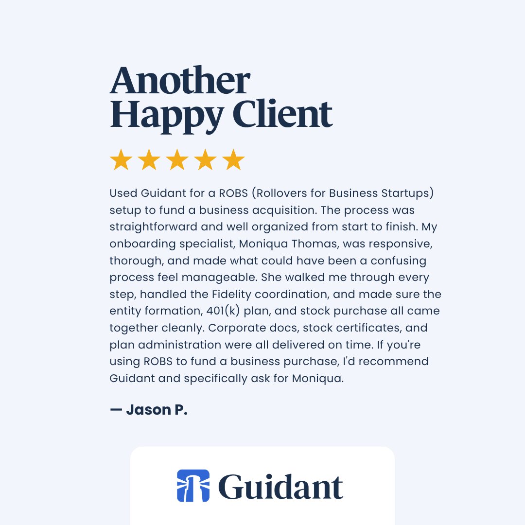 Guidant's tweet photo. Thanks to Jason for the detailed review. He used Guidant for a ROBS setup to fund a business acquisition and said the process was straightforward and well organized. Special thanks to Moniqua Thomas for responsive, thorough support end-to-end. https://t.co/NLWbRbqSp8 https://t.co/6a9LODjE7r