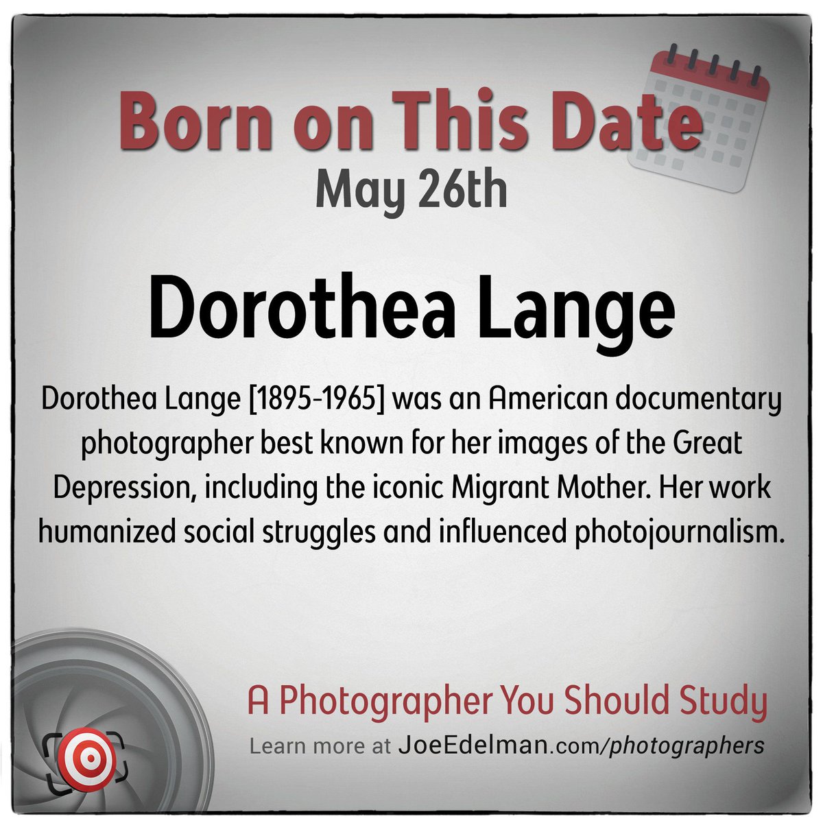 JoeEdelman's tweet photo. American photographer Dorothea Lange was born in Hoboken, New Jersey on this date (5/26) in 1895.

➡️ Learn more about her and view her work at: https://t.co/WDwzy5NSbB

#Photography #BornOnThisDay #photographertostudy https://t.co/GNcJODYEMj