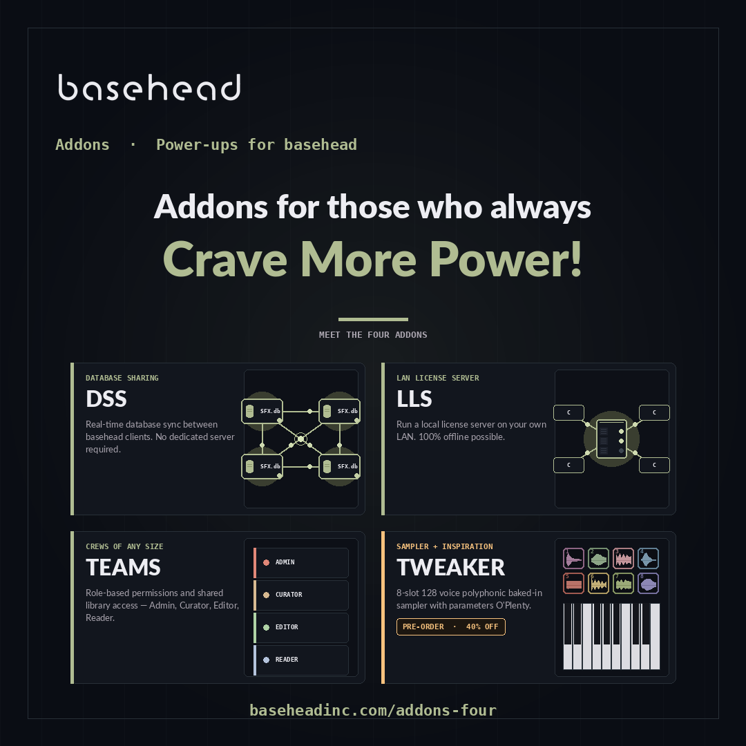basehead_LLC's tweet photo. BTW — Four addons. Each one a power-up for basehead — DSS, LLS, TEAMS, TWEAKER. Built for SFX teams who want to push beyond Ultra.

https://t.co/qJHYDwoK0v https://t.co/Wft3ELnETG