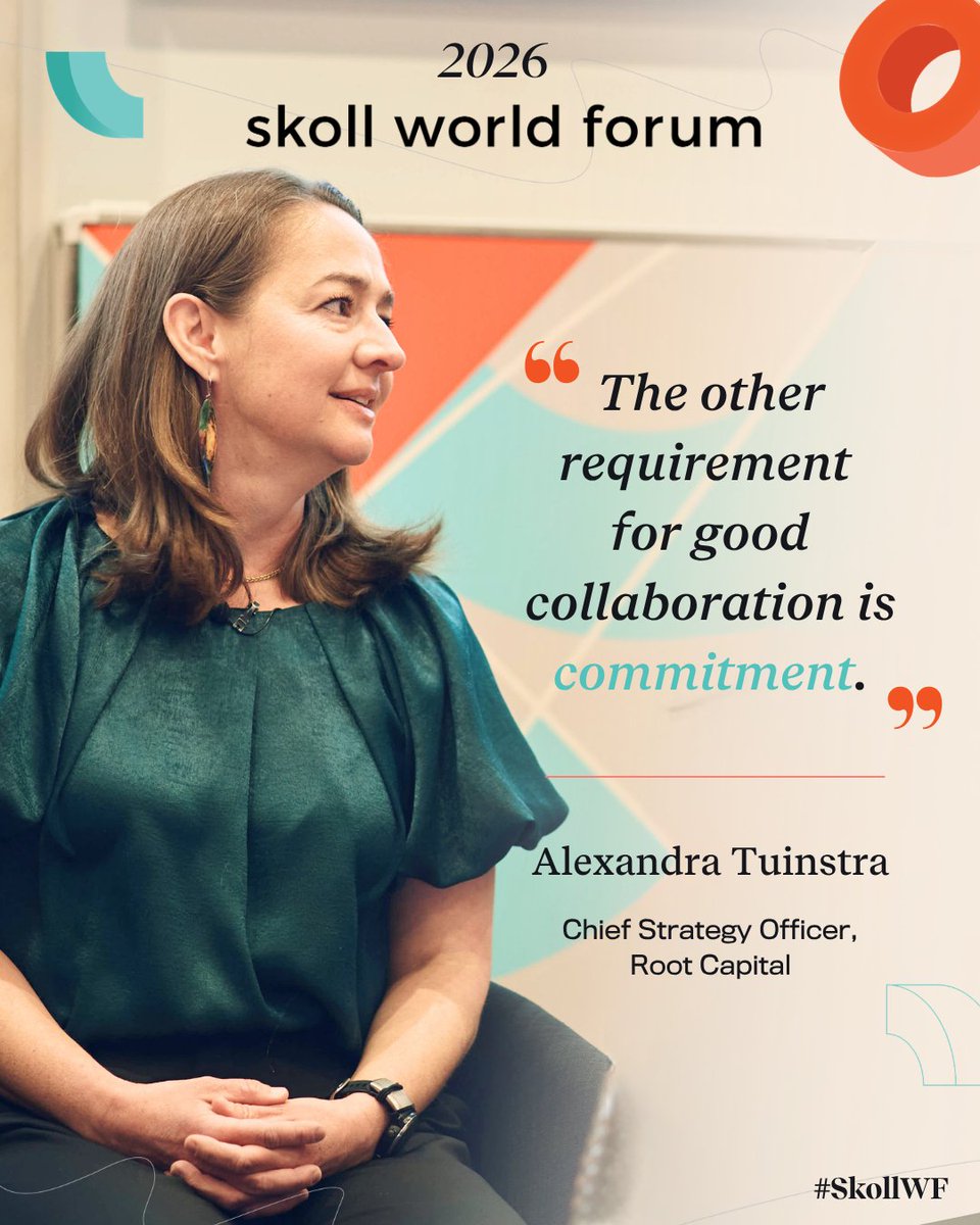 SkollFoundation's tweet photo. Building lasting partnerships takes more than a few moments of alignment. It requires sustained commitment, even when progress is slow.

At the #SkollWF “Women Grow Our Future” session, about how different actors can support smallholder women farmers, the discussion explored the vital role of collaboration in solving multifaceted, complex challenges like the economic and environmental sustainability of agriculture. 

Alexandra Tuinstra, Chief Strategy Officer at @RootCapital, named what cross-sector collaboration actually demands: “It takes so much time. It really takes showing up: showing up and showing up and showing up—over and over again.”

Consistency and dedication are what turn shared values into shared impact.

#SkollWF