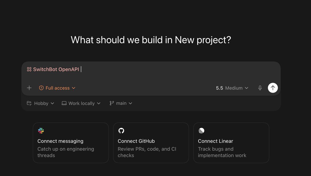 SwitchBot's tweet photo. SwitchBot OpenAPI CLI v3.7.4 now supports Codex integration.

Follow the guide and complete Web OAuth login directly. No manual token or secret lookup needed!
👉 https://t.co/MtL6qFHBX6
#SwitchBot #OpenAPI #Codex https://t.co/0hWixgUeWj