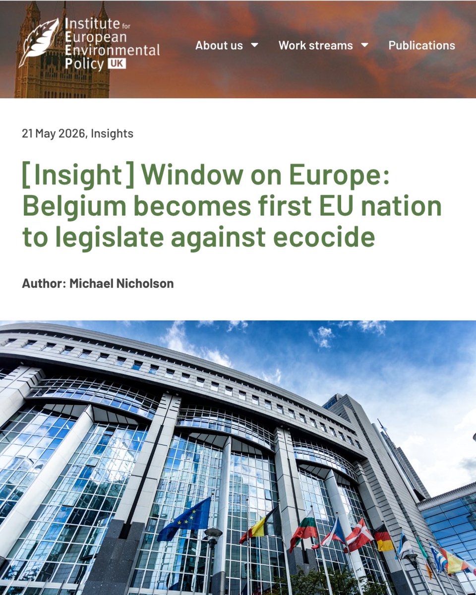 EcocideLaw's tweet photo. "Belgium's example is there for others to follow &amp; build on"

A new crime of #ecocide (mass environmental destruction) comes into force in Belgium this year.

@IEEP_eu Head of Policy, Michael Nicholson, assesses the law's significance.

🔗https://t.co/vyzhoXIUa3

#StopEcocide https://t.co/GnjqZDhOor