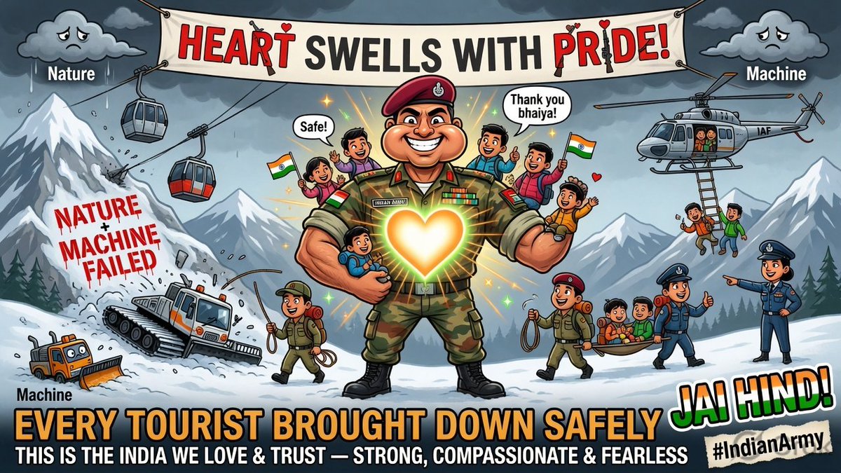 PavanKu198's tweet photo. Heart swells with pride! When nature and machine failed in Gulmarg, our Indian Army and brave agencies stood tall. Every tourist brought down safely. This is the India we love and trust — strong, compassionate and fearless. Jai Hind!  #IndianArmy https://t.co/1zRMvUhV3Y
