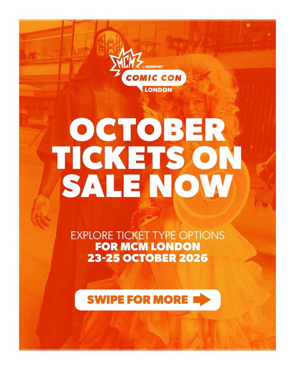 MCMComicCon's tweet photo. We're back again in 2026! 🤩

Join us at MCM London 23-25 October! Explore ticket types and join us at the show: https://t.co/zGQhFtNHxS https://t.co/5uUAyOe6KV