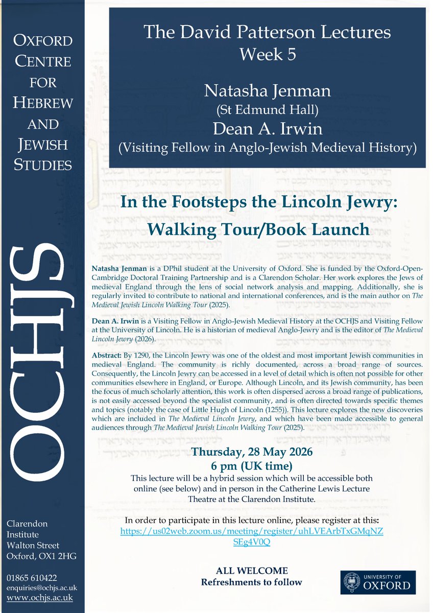 OCHJSnews's tweet photo. This Thursday, May 28th, Natasha Jenman and Dean A. Irwin will give the next #davidpattersonlecture: 'In the Footsteps the Lincoln Jewry: Walking Tour/Book Launch'!

Join us online or in person at 6pm on Thursday! https://t.co/QhxZhp5rpi

#medieval #booklaunch #Oxford https://t.co/q0o8blygBt