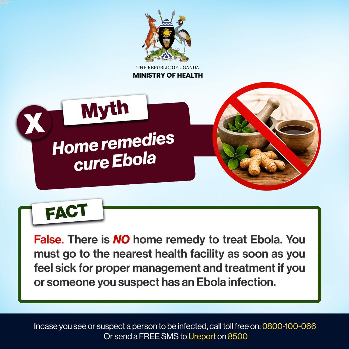 MinofHealthUG's tweet photo. Home remedies Do NOT cure #Ebola. As soon as you have symptoms of Ebola, call the Ministry of Health toll free line on 0800-100-066 or send an alert SMS to 6767 or U-Report on 8500. 
#MOHatWork | #FightEbolaUG26 https://t.co/ZfGgU8aUf0