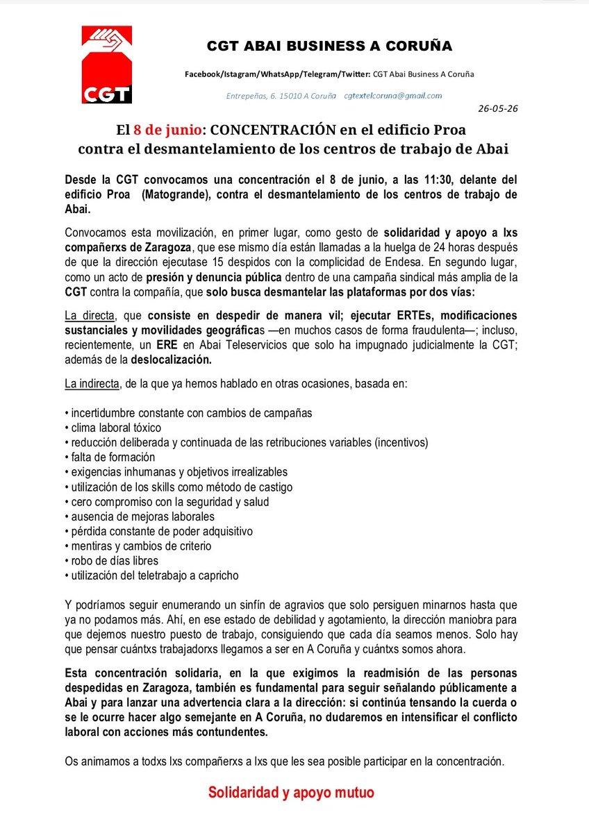 CGTEXTEL's tweet photo. 🔴 8 de junio a las 11:30 h: CONCENTRACIÓN delante del edificio Proa (Matogrande) en solidaridad con las compañeras despedidas en Zaragoza y contra el desmantelamiento progresivo de los centros de trabajo de ABAI.

Solidaridad y apoyo mutuo, siempre ✊🏾 https://t.co/iwb3zYgORh