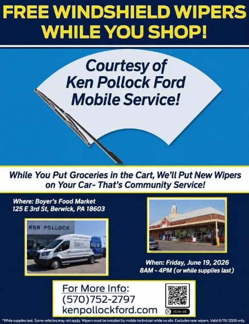 KPollockFord's tweet photo. The countdown is on! ⏳

We’re just 3 weeks away from our FREE windshield wiper event at Boyer’s Food Market in Berwick!

Swing by on June 19th, grab your groceries, and let Ken Pollock Ford Mobile Service install new wipers while you shop. Easy,... https://t.co/EIm1eQZfol

No https://t.co/xhdIoz34Zs