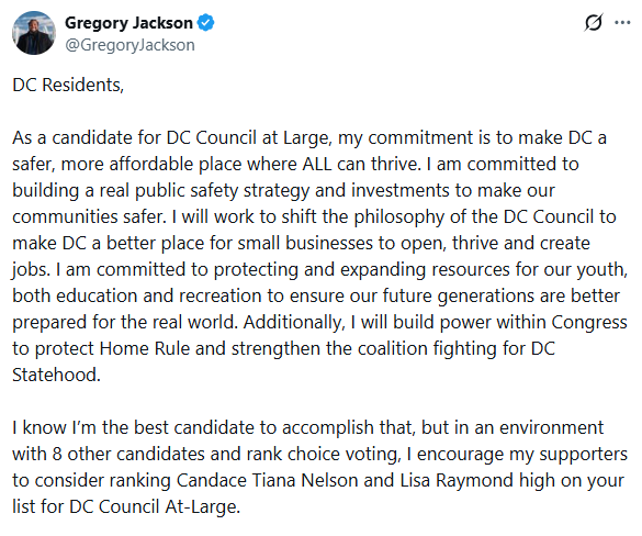 AlexKomaDC's tweet photo. Following up: Jackson cross endorsed with Raymond and says he'll rank Nelson too.  

But Nelson pointedly did not cross endorse with either. Meanwhile, Owolewa slams Raymond/Jackson for having backers who "do not answer to DC residents" and endorses Nelson, Forester and Chavous. https://t.co/51cXIwT6LO